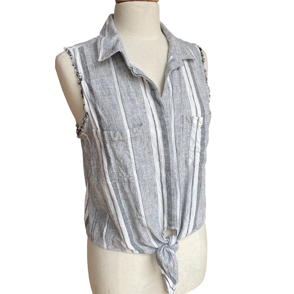 Cloth & Stone Linen Blend Sleeveless Fray Hem Tie Front Stripe Collar Tank Top-L